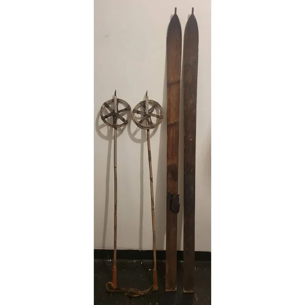 Antique Wooden Downhill skis‎ and ski poles.  Perfect for  Cabin or lodge decor